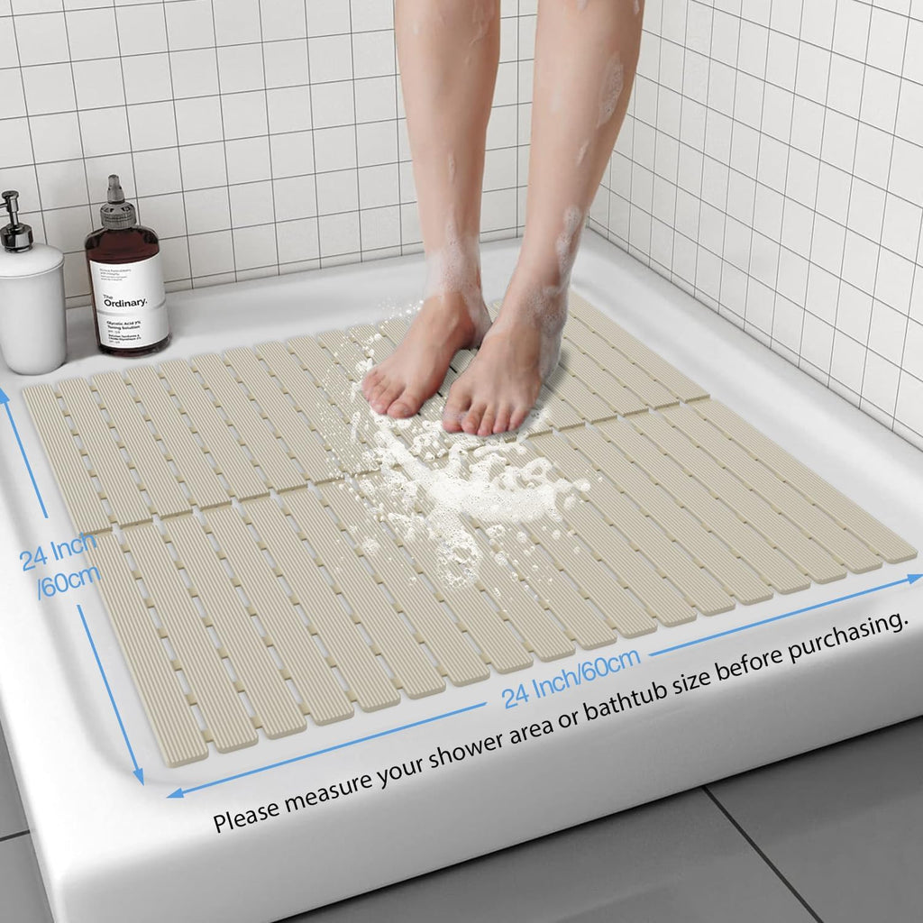 Shower Mat Non-Slip Bath Mat for Tub Floor & Stall with 200+ Suction Cups & Drain Holes, Quick Dry Machine Washable Bathtub Mat, Safe for Elderly& Baby, Bathroom Essentials 24x24 Inch (Light Brown)