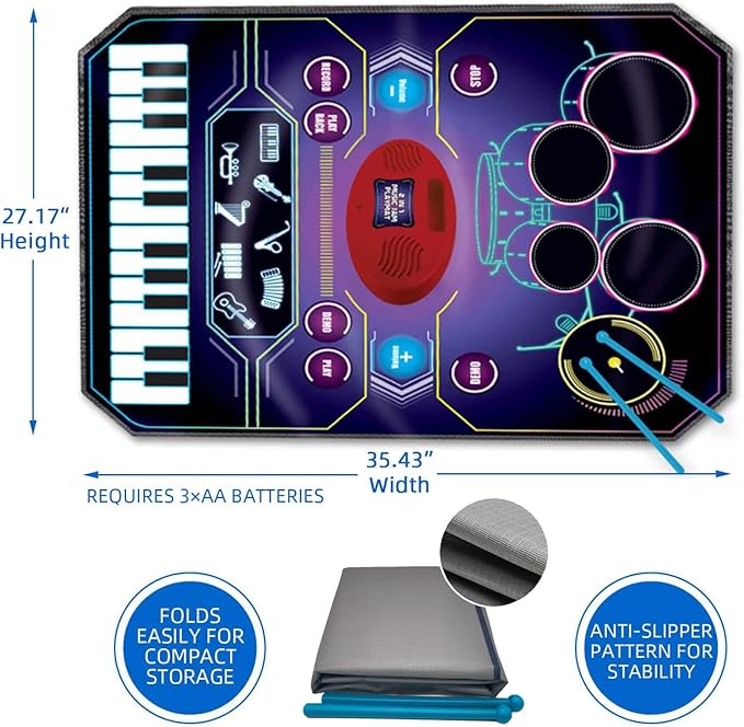 2 in 1 Kids Music Learning Toys for Boys Girls, Drum Set + Piano Mat | Record & Playback, Built-in Songs, 8 Instrument Sounds, 24 Keys, Christmas Birthday Gifts for Toddler 3 4 5 6 7 8 Years