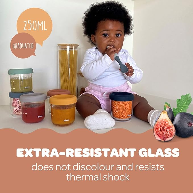 BEABA 8 oz Glass Baby Food Jars with Soft Silicone Air Tight Lids, Glass Storage Containers with Lids, Microwave and Freezer Safe Containers, Mineral