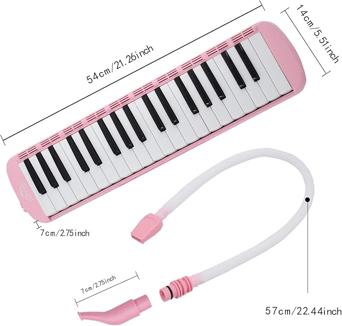 EastRock 37 Key Melodica Instrument Keyboard Soprano Piano Style with Mouthpiece Tube Sets and Carrying Bag for Kids Beginners Adults Gift Pink