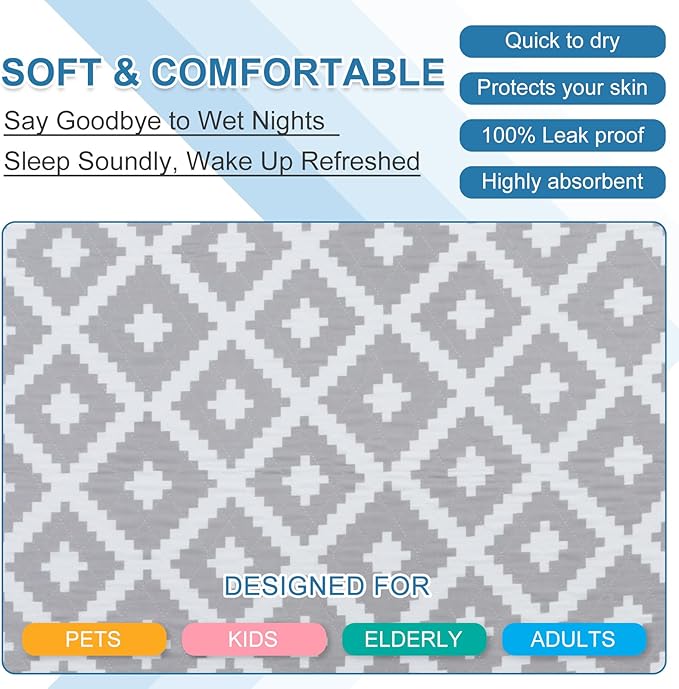 OUTCREATOR® Washable Bed Pads 34" x 76" (Pack of 2), Incontinence Mattress Protector, Anti-Slip Waterproof Underpads for Adults Kids Elderly Pets, Absorbency & Reusable Bedwetting Pads (Gray Geometry)