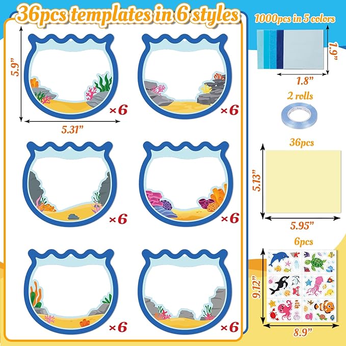36PCS Summer Activities Crafts Bulk: Sea Animal Ocean Scene Paper Suncatchers, Under the Sea Party Fish Stickers DIY Kit School Classroom Decorations, Window Stained Glass Effect Art Supplies