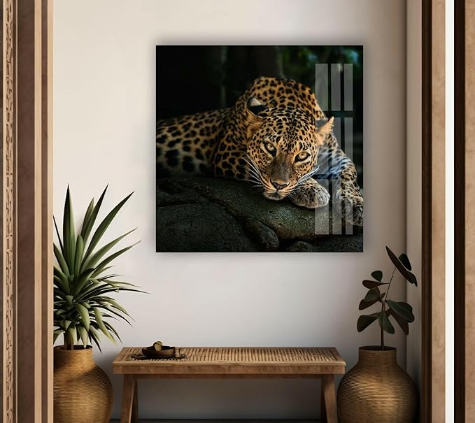 My Photostation.com 48Wx32H'' Fierce Leopard Glass Wall ArtTempered Glass Printing Wall Decor Large Wall Art Wall Hangings