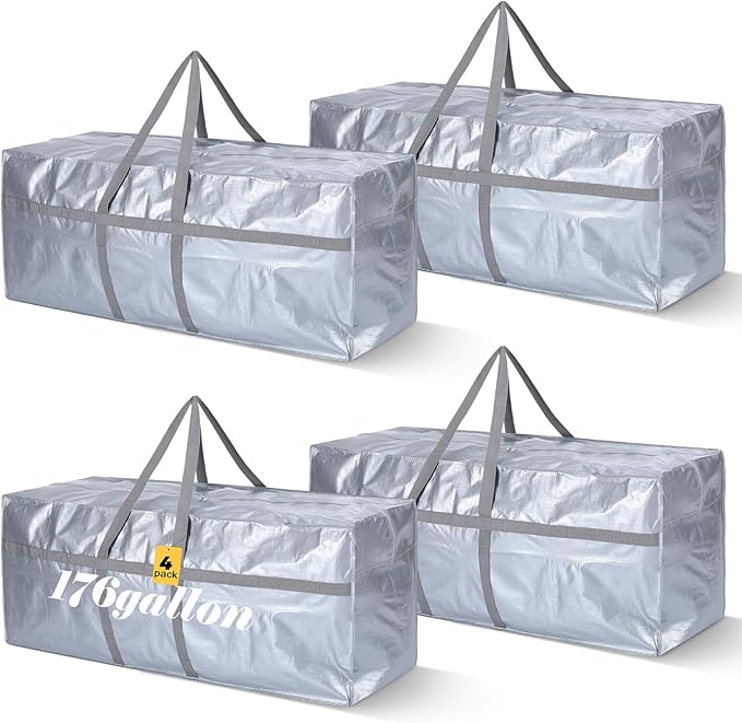 4 Pcs 176 Gallon Large Moving Bags with Zipper and Handles Foldable Storage Duffle Bags Heavy Duty Extra Large Totes for College Dorm Travel Clothes Blankets Bedding Moving (Silver)