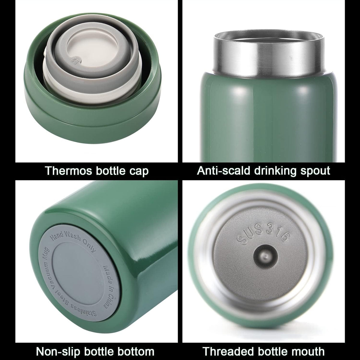 Mini Thermos Cute Water Bottle - 7 oz Tiny Insulated Vacuum 18/10 Stainless Steel Small Flask - Leak Proof & Spill Proof & Keeps Cold and Hot for Drink, Coffee, Tea - Green