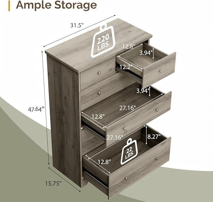 VINGLI Tall Dresser, Rustic Grey Dresser 6 Drawer Chest of Drawers, Wood Gray Dressers for Bedroom, Hallway, Home Office, 31.5" W x 15.75" D x 47.64" H