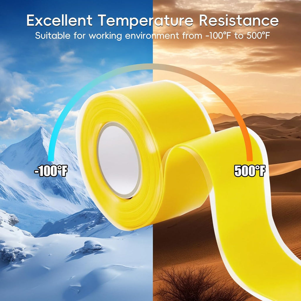 Self Fusing Silicone Tape 2 Rolls 1 in x 10' Yellow Waterproof Rescue Tape Rubber Leak Silicone Self-amalgamating Tape for Plumbing, Sealing Pipes, Hose Repair, Outdoor Coax and Tool Fixation