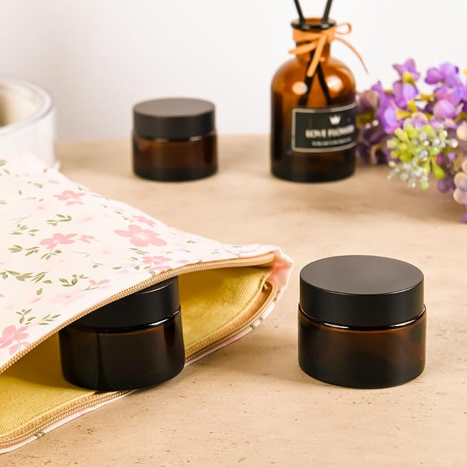 Glass Jars with Lids,Eco-Friendly Cosmetic Containers with Airtight Black Lids & Liners, Multi-Color Options for Cream, Lotion, Body Butter, DIY Skincare Travel Jars (Amber, 2oz)