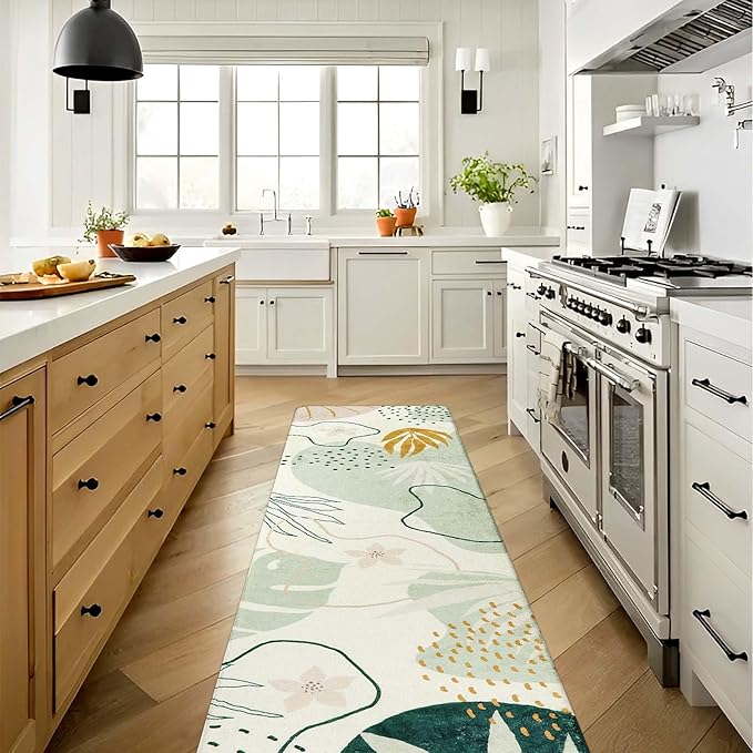 Lahome Green Runner Rugs for Hallway 2x8 Non-Slip Washable Kitchen Rugs Lightweight Low-Pile Throw Laundry Runner Rug, Boho Botanical Print Soft Indoor Carpet Runner for Entryway Bedroom Bathroom