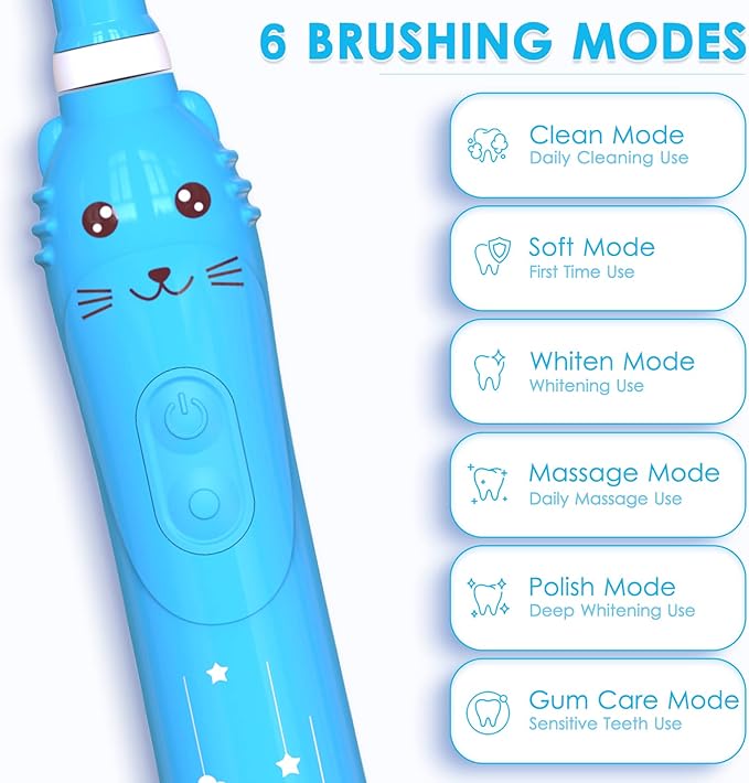 Kids Sonic Electric Toothbrush, Rechargeable Smart Toothbrush for Children Toothbrush for Toddlers Boys Girls Age 3-12 with 30s Reminder, 2 Mins Timer, 6 Modes, 6 Brush Heads, Wall-Mounted Holder