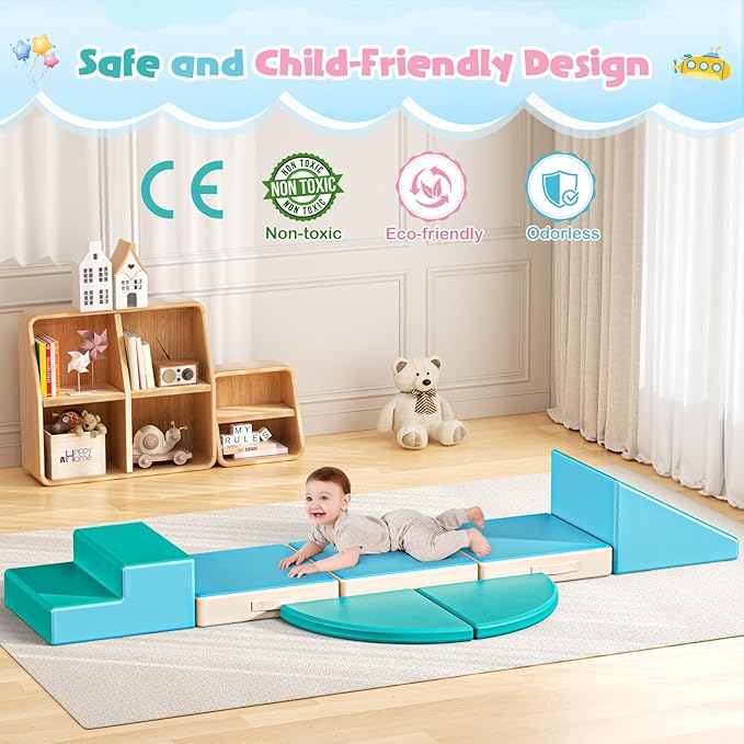 Lischwert Foam Climbing Blocks for Toddlers 1-3, 5pcs Foldable Soft Play Set with Crawling Exploration Toys - Indoor Infant Safe Blocks for Baby Gym & Toddler Playground - Blue