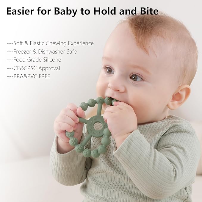 3 Pack Ring Teether Baby Infant Toys, Baby Essentials, Silicone Teething Ring Toys for Babies 0-6 Months, Seposeve Toddler Teethers 6-12 Months 12-24 Months, Infant Teething Relief, Green Blue White