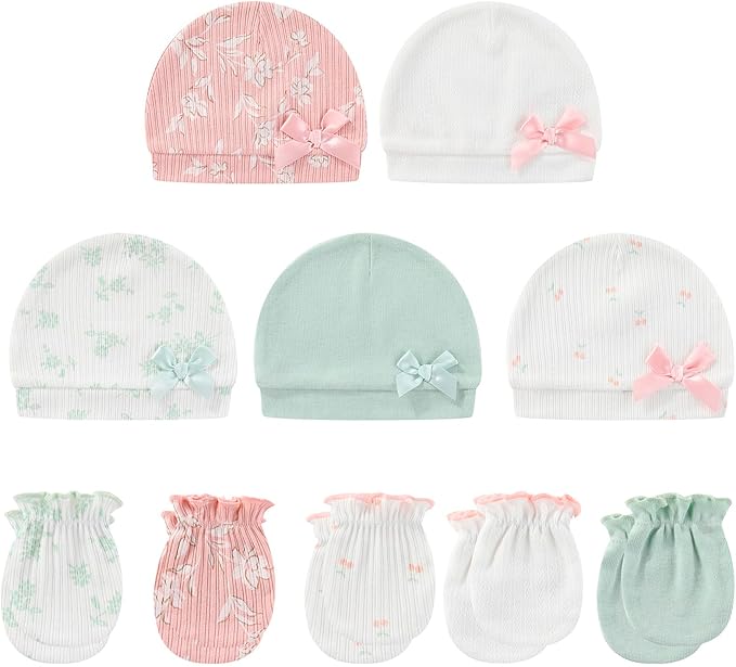 Baby Hat and Mittens Set Cotton Newborn Baby Hats Caps for Boys and Girls, 0-6 Months