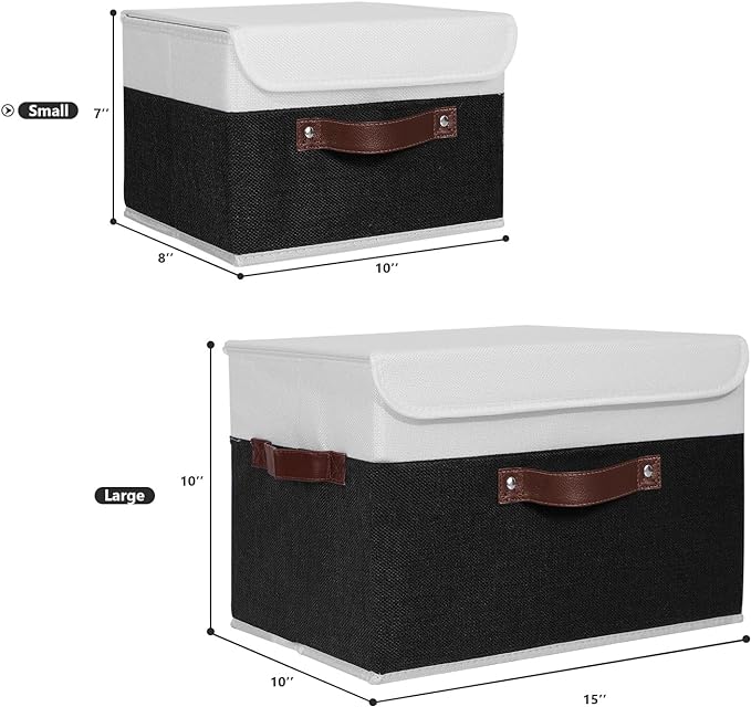ANMINY Storage Boxes with Lids Washable Decorative Storage Bins Basket with PU Leather Handle Foldable Linen Fabric Storage Cubes Containers for Home Closet Organizer - Black White, Small Size