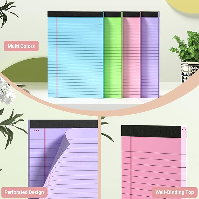 Legal Pads 5x8 Inch, 6 Pack, Narrow Ruled, 5x8 Colored Legal Pad, Mini Double-Sided Printing Notepad Perforated Small Notepad 5x8" Lined Paper, 30 sheets, Colored Writing Pads for Office Home School
