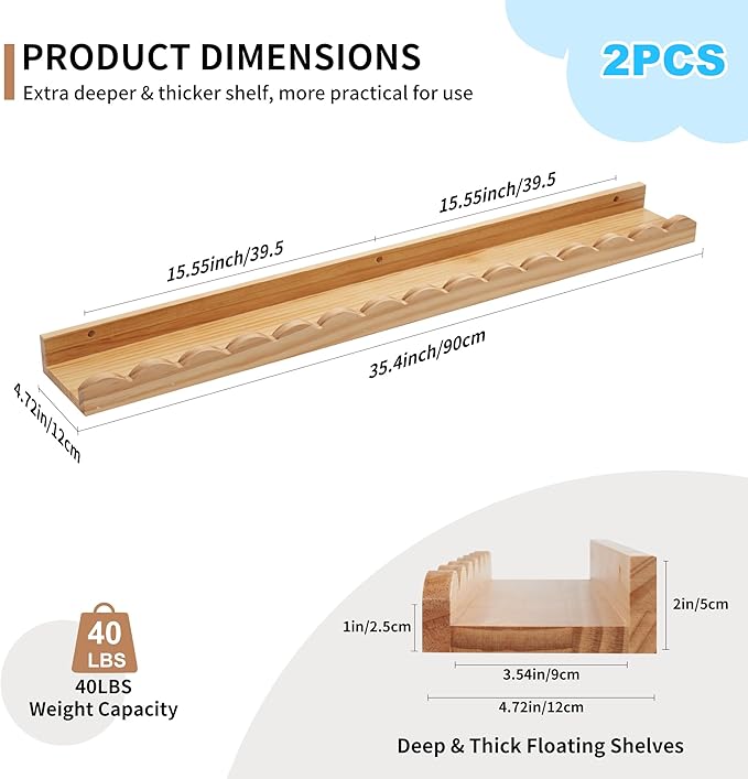 Nursery Book Shelves, Scalloped Floating Shelves Set of 2 Solid Pine Wood Wall Mounted Bookshelf with Wave Lip for Bedroom Kids, Toddler Room, Baby Room Natural 36inch