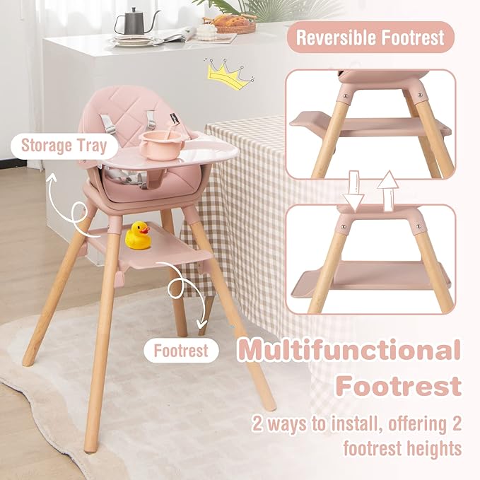 BABY JOY Baby High Chair, 6 in 1 Convertible Wooden High Chair for Babies & Toddlers with Adjustable Legs, Double Removable Tray, Safety Harness & Waterproof PU Cushion (Pink)