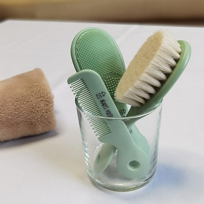 3 Piece Baby Hair Brush & Comb Set for Newborns- Soft Goat Bristle Hair-Brush, Silicone Bath Brush and Plastic Comb for Infant, Toddler, Kids - Baby