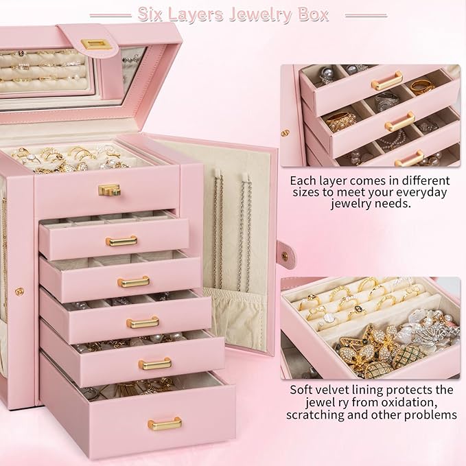 AKOZLIN Large Jewelry Box Organizer Functional with Big Mirror, Leather Jewelry Storage Case for Women Girls Ring Necklace Earring Bracelet Holder Organizer