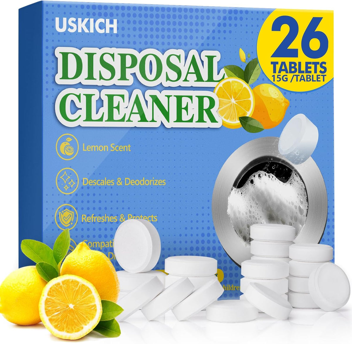 Garbage Disposal Cleaner Deodorizer Tablets 26Pack,XL Powerful Foaming Kitchen Sink Cleaners- Fresh Lemon Scented Disposal Cleaner, Natural Drain Garbage Disposer Cleaning- 1 Year Supply