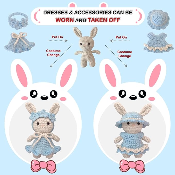 LoopMap Beginner Crochet Kit for Adults & Kids - DIY Amigurumi Bunny with Removable Dress & Accessories - Step-by-Step Video Tutorials, Extra Yarn, Crochet Tools - Handmade Gift (Bunny-Blue)