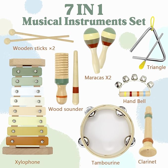 Baby Musical Instruments Montessori Wooden Toys for Toddlers, Neutral Colors Percussion Instruments Set, Modern Boho Xylophone Tambourin