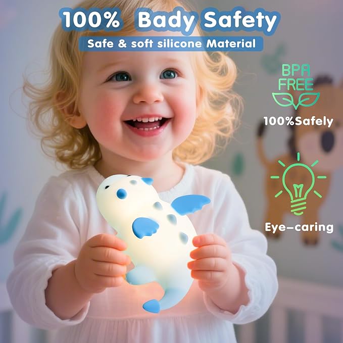 Cute Baby Dragon Kids Night Light for Kids,Cute Soft Silicone Lamp 3 Level Dimmable Changing Rechargeable Breastfeeding Nursery Portable Kawaii Lamps,Bedside Lamp for Baby and Toddler,Boy Girls（Blue）