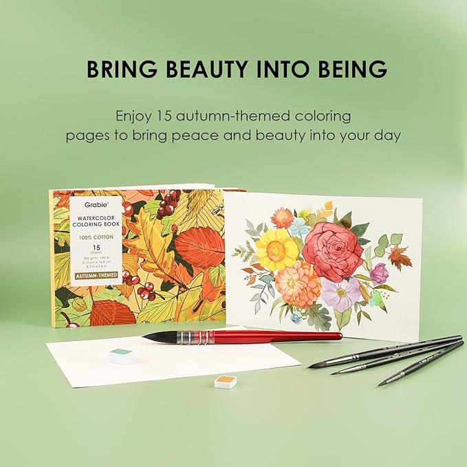 Grabie Watercolor Coloring Book, 15 Sheets A5 (8.3 x 5.8),Watercolor Book for Adults: Ignite Your Artistic Expression on 100% Cotton Paper (Autumn-Themed)