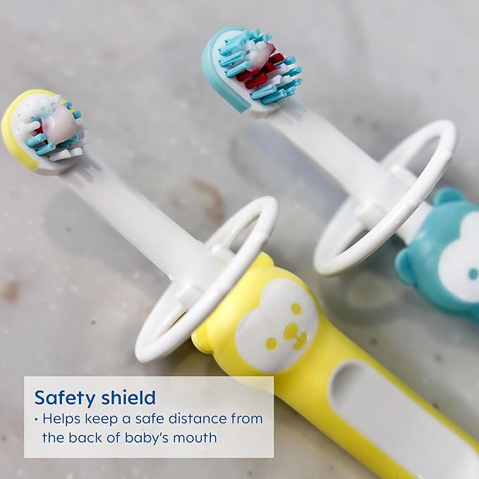 MAM Learn to Brush Set (1 Baby's Brush Toothbrush, 1 Training Brush, 1 Safety Shield), Baby Toothbrushes with Brushy The Bear, Interactive App, for Boys 5+ Months, Blue