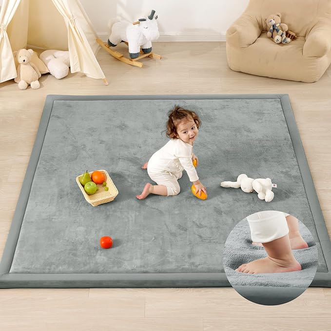 1.3" Thick Baby Play Mat for Floor, 79x118 Large Foam Tummy Time Mat, Padded Support Soft Plush Nursery Rug for Infant Kids Toddler Crawling Kick Activity (Light Grey)