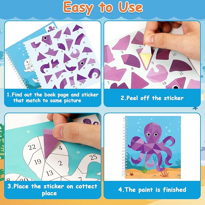 4 Pcs Paint by Sticker Books for Kids Ages 4-8 Sticker by Number Books Activity Book for Kids Ages 3-5 Sticker Puzzle Book Craft Art Toddler Girls Gift with Dinosaur Unicorn Ocean Animal 32 Pictures