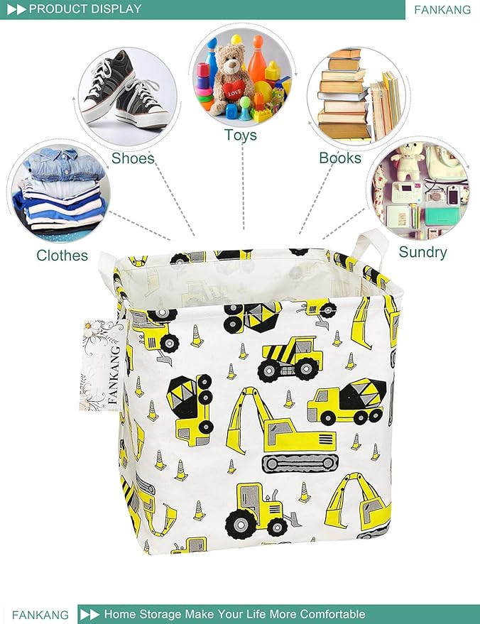 FANKANG Square Nursery Hamper Storage Bins Canvas Laundry Basket Foldable with Waterproof PE Coating Storage Baskets Gift Baskets for Children, Office, Bedroom, Clothes（Square-Engineering ）