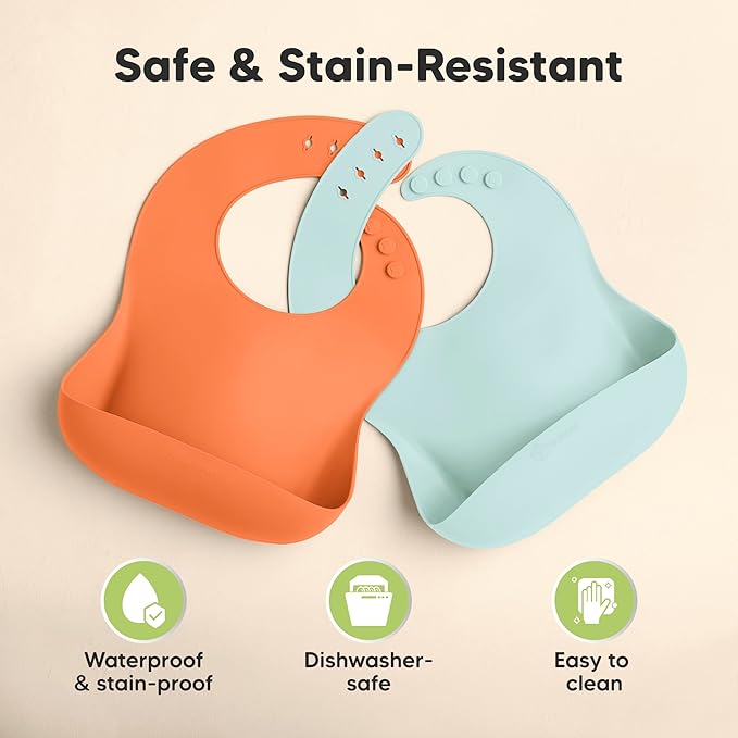KeaBabies 2-Pack Silicone Baby Bibs for Eating - Sturdy Food-Grade Silicone Bibs for Babies Girl, Boy, Large Food Catcher, Clean & Put On Easily, Waterproof Toddler Feeding Essentials (Amaze)