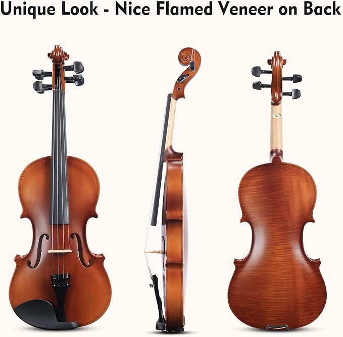 ADM 3/4 Size Wood Violin Set for Kids Teens Students Adults Beginner Acoustic Violin Matte Fiddle Starter Kit with Hard Case, Rosin, Shoulder Rest, Bow, Clip-on Tuner and Fingerboard Sticker
