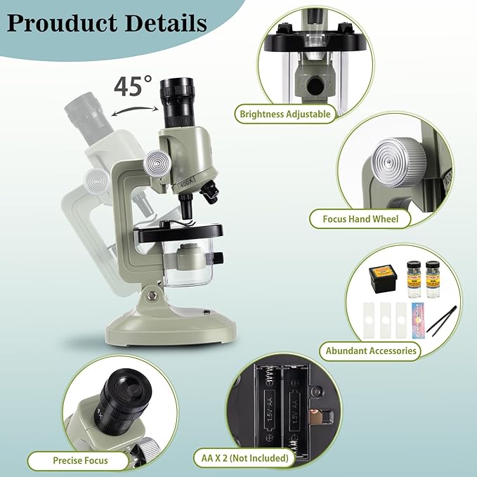 Little World Microscope for Kids, 100x 400x and 1200x Science Kits for Kids Age 5-7 Age 8-12, Microscope Beginner Kit with LED, Learning Resources Toys, Science Experiment STEM Kits, Green