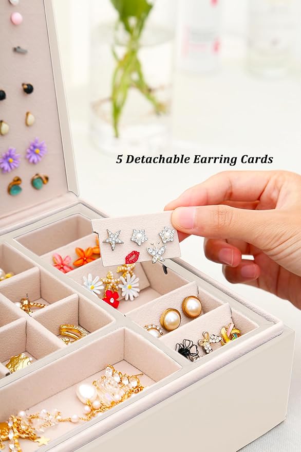 Girls Jewelry Box Earring Holder Organizer for Girls Jewelry Organizer Box Stud Earrings Organizer for Girls Womens Beige Jewelry Box for Earrings and Necklaces Rings Stud Earring Box for Teen