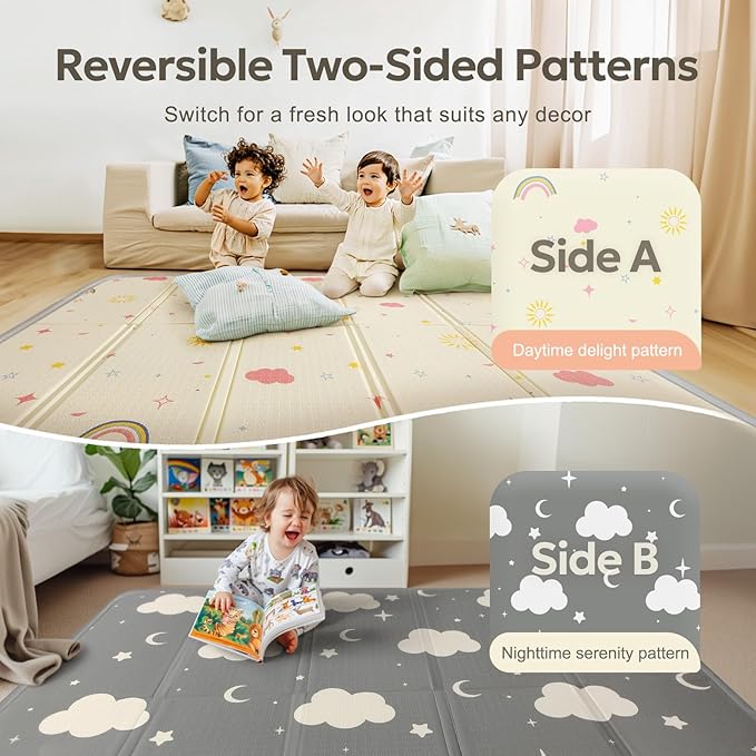Extra Large Foldable Play Mat, Reversible Baby Play Mat with Edge Reinforcement, Non-Toxic & Waterproof Baby Mat for Floor, Foam Playmat for Infants Toddlers, Rainbow, Cloud & Moon, 50''x50''