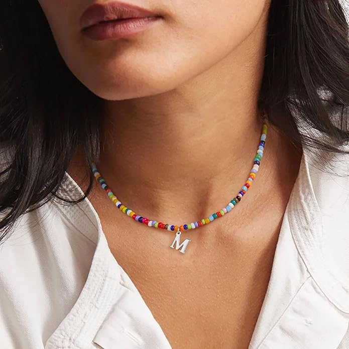 Yoosteel Colorful Beaded Initial Necklaces for Girls Gifts - Cute Initial Necklaces for Girls Kids Jewelry A-Z Letter Choker Necklace for Women Birthday Gifts for Teens Daughter Niece Granddaughter