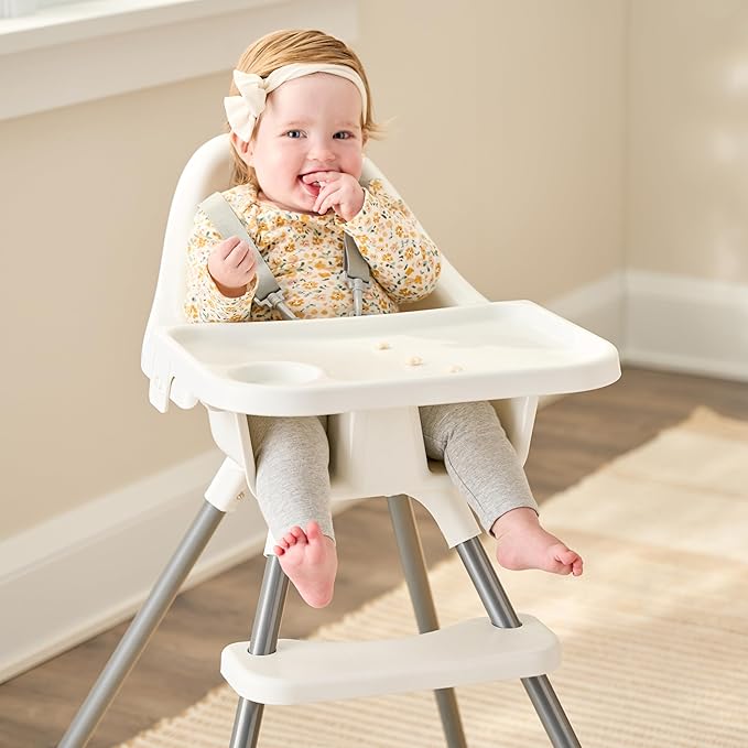 Regalo High Chair for Babies and Toddlers, Easy to Clean, Sturdy Award Winning Brand, Removable Oversized Tray with Cup Holder, Five Point Harness, White