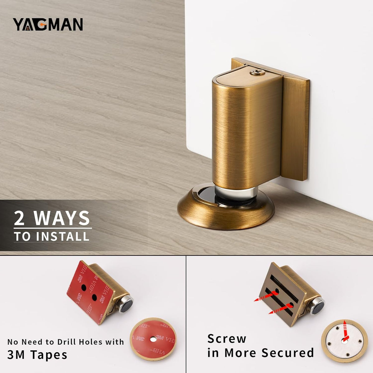 1 Pack Magnetic Door Stoppers Retractable Bottom of Door Holder No Drilling Mount Floor Door Stop with Screws and Adhesive Catch Door Keep Door Open Antique Brass AB-1