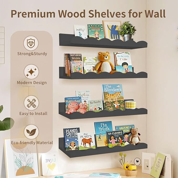Nursery Book Shelves, 4 Pack Black Floating Shelves for Wall, Wood Scalloped Shelves for Storage Books, Wall Book Shelf for Kids Rooms, Bedroom, Toddler Room, Baby Room, Nursery Decor
