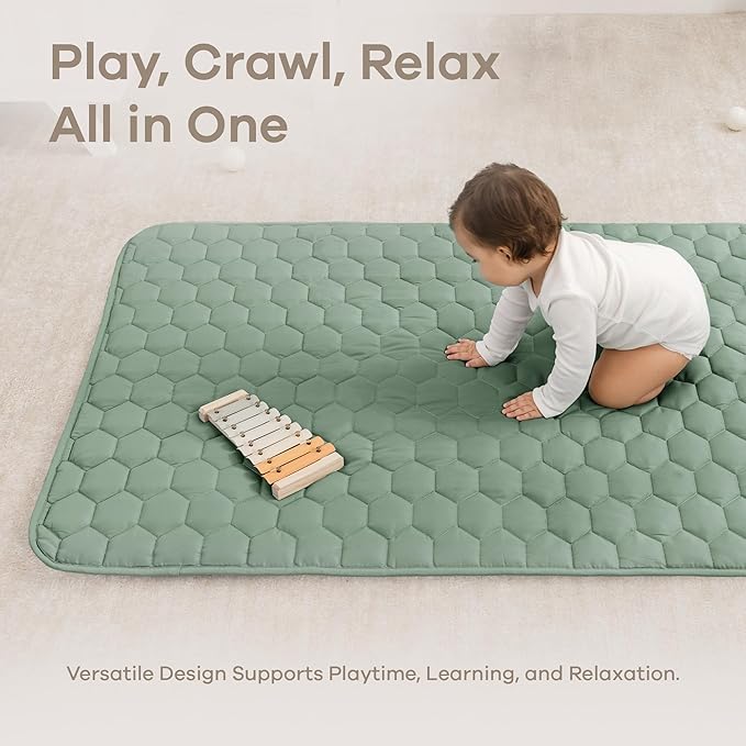 Comfy Cubs Rectangle Kids Play Mat - Small 36 x 60 inches Soft Quilted Baby Floor Mat with Non-Slip Bottom - Plush Design for Toddlers' Playtime and Relaxation - Comfortable and Durable - Fern