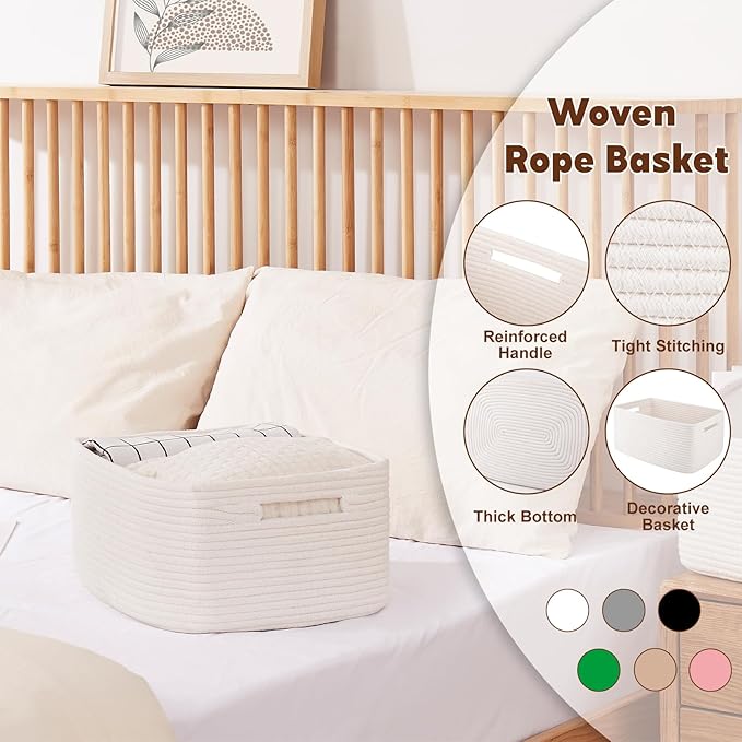 OIAHOMY Storage Basket for Shelves, Closet Cube Storage Bins Baskets for Clothes Blanket Towels, Baby Nursery, Toy Baskets Box, Woven Rope Basket, 15.75*11.81*7.09 IN, 2 Packs White