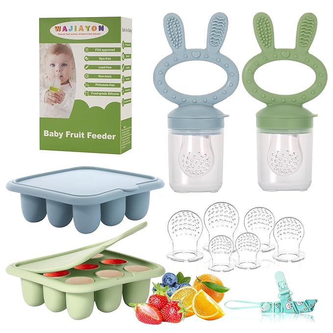 WAJIAYON Easter Bunny Baby Breastmilk Popsicle Molds & Baby Fruit Feeder,Infant Food Freezer Tray Storage Containers, Silicone Teething Pacifier Feeder and Teether for Babies,Moss and Fawn
