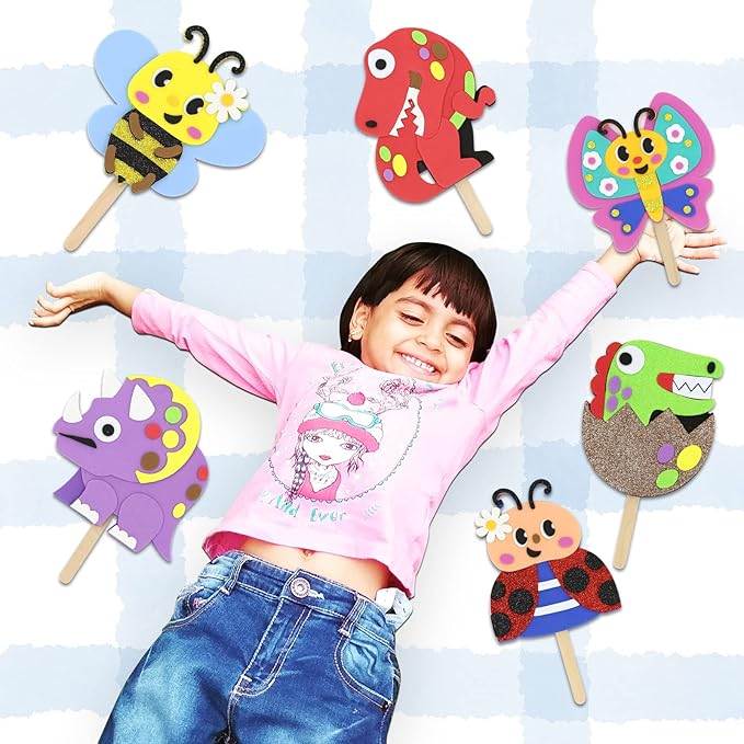 VKPI Make 6 Popstick Puppets Craft Kits for Kids, Foam Crafts, Story Time Toys for Ages 4+ Toddler, Dinosaurs, Butterfly, Preschool Projects Art Crafts, Birthday Holiday Gift