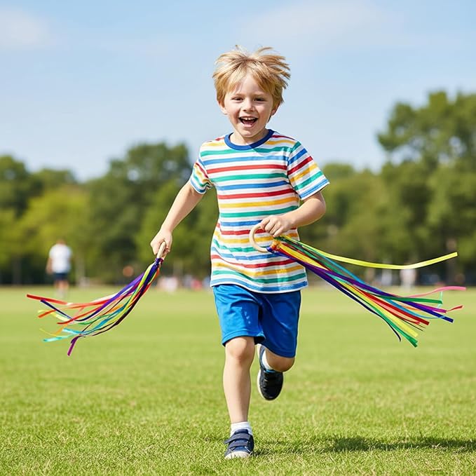 Junkin Ribbon Rings Hand Kite Waldorf Toys Dancing Wrist Ribbons Rainbow Streamers with Wood Ring Educational Toy for Playroom Dancing Birthday Party Gift(Rainbow,48 Pcs)
