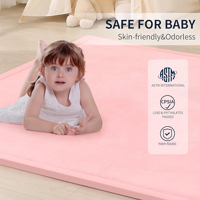 ACOMOPACK Baby Play Mat for Floor 1.3" Thick Memory Foam Play Mat 79"×118" Tummy Time Crawling with Non-Slip Bottom for Living Room,Nursery,Soft Velvet Playpen Mats for Kids,Infants（Pink）