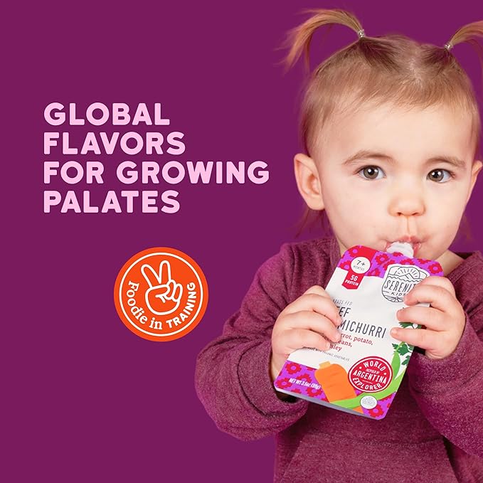 Serenity Kids 7+ Months Baby Food Puree Pouches Beef Chimichurri - Ethically Sourced Meat & Organic Veggies - BPA-Free Pouches - Toddler Food & Baby Snack - 3.5 Oz, 12 Pack