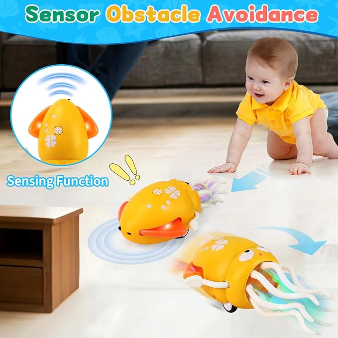 USB Rechargeable Dancing Octopus Baby Toy - Electric Crawling & Tummy Time Toy, Magical Musical Squid, Birthday for Kids Ages 1 2 3 4 5 6, Boys & Girls (Yellow)