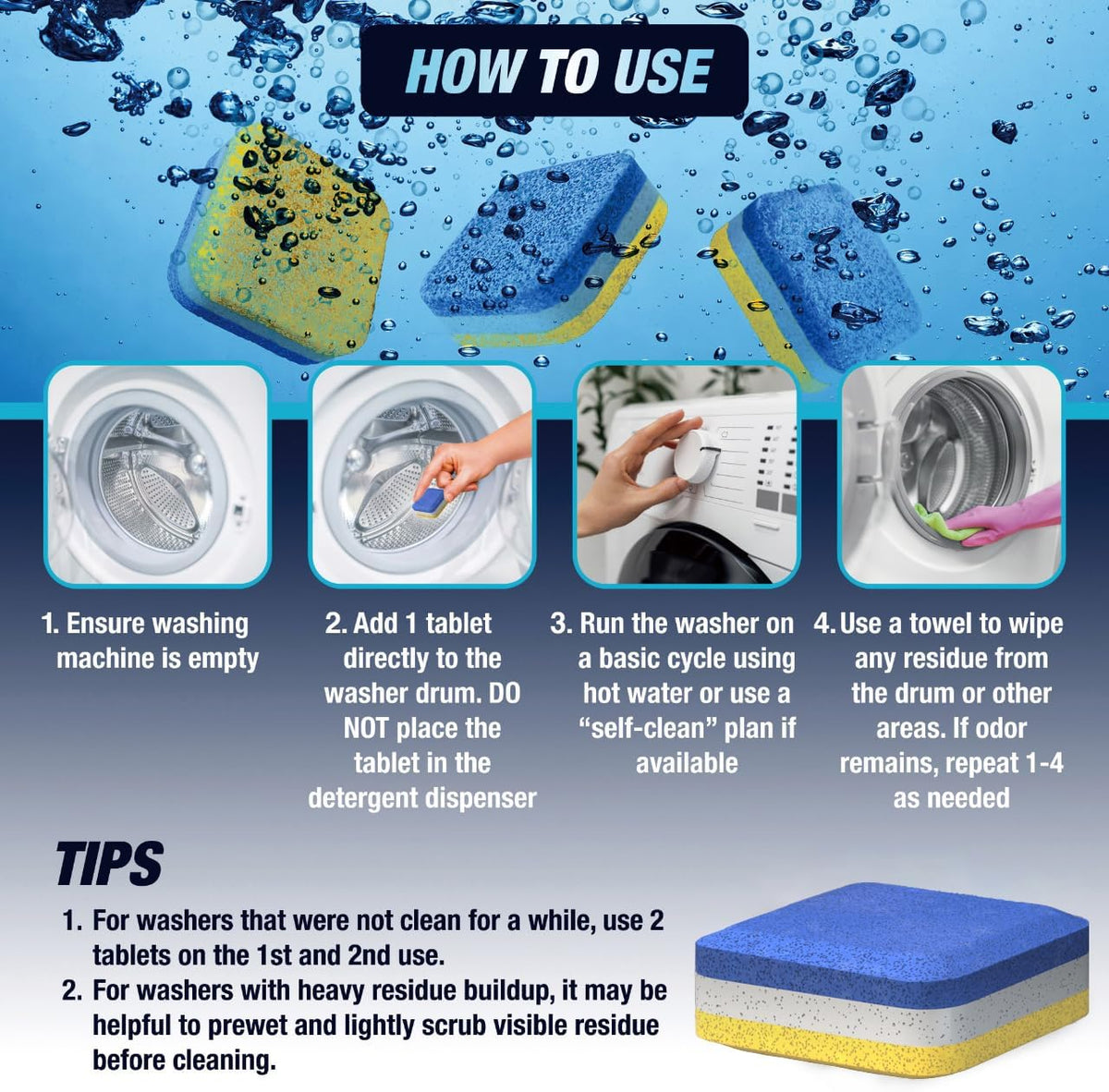 Washing Machine Cleaner Descaler 28 Pack - Designed for Front Loader Washer - Deep Cleaning Tablets For HE, Septic Safe Eco-Friendly Deodorizer, Clean Inside Drum & Laundry Tub Seal - 14 Month Supply